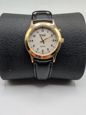 Unisex Quartz Watch by Time w/Black Leather Band Untested Needs Battery